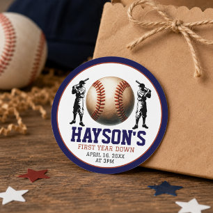 First Year Down Baseball 1st Birthday Party Classic Round Sticker