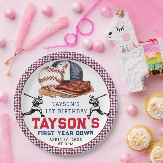 First Year Down Baseball 1st Birthday Party Paper Plate (Party)