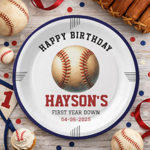 First Year Down Baseball 1st Birthday Party Paper Plate
