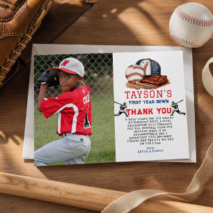 First Year Down Baseball 1st Birthday Thank You Card
