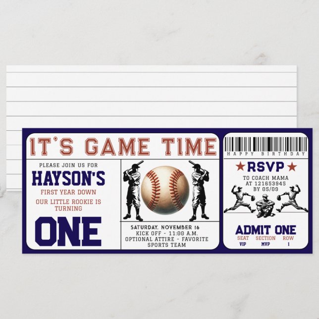 First Year Down Baseball Ticket 1st Birthday Invitation (Front/Back)