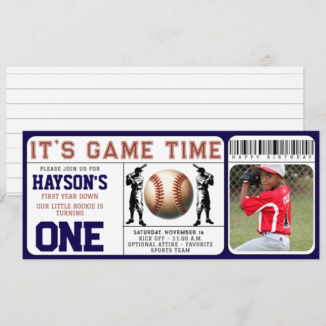 First Year Down Baseball Ticket 1st Birthday Invitation (Front/Back)