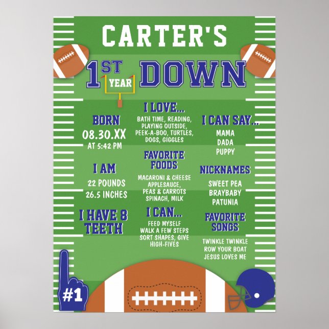 First Year Down Blue Football 1st Birthday Foam  Poster (Front)