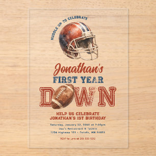 First Year Down Football 1st Birthday Acrylic Invitations