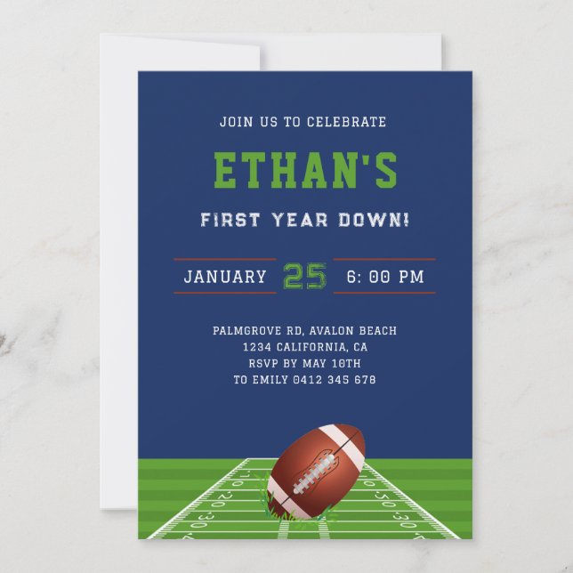 First Year Down Football - 1st Birthday Boy  Invitation (Front)