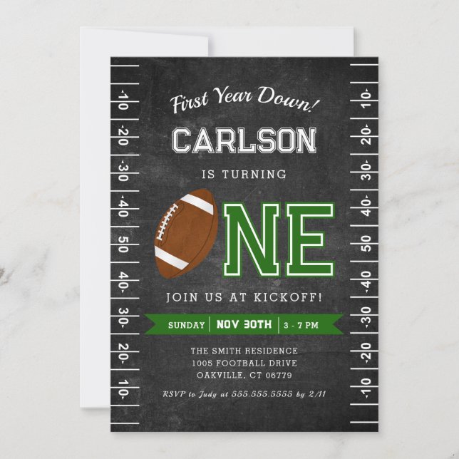 First Year Down | Football 1st Birthday Chalkboard Invitation (Front)