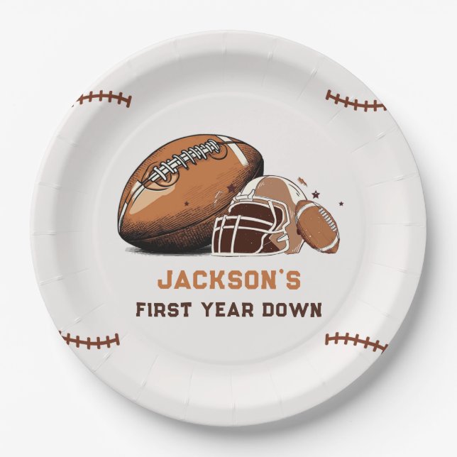 First Year Down Football 1st Birthday Paper Plates (Front)
