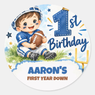 First Year Down Football 1st Birthday Party Classic Round Sticker