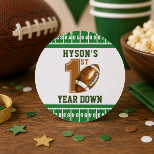First Year Down Football 1st Birthday Party Classic Round Sticker