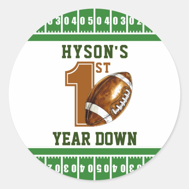 First Year Down | Football 1st Birthday Party Classic Round Sticker (Front)