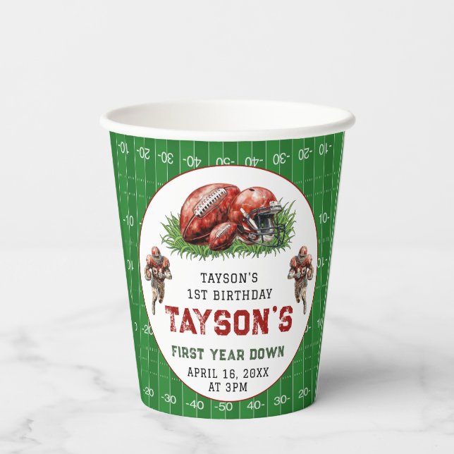 First Year Down Football 1st Birthday Party Paper Cups (Back)
