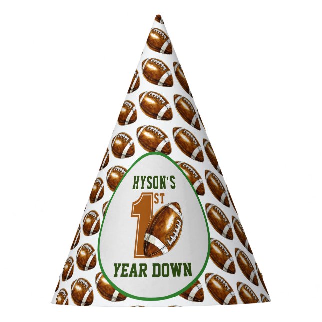First Year Down | Football 1st Birthday Party Party Hat (Front)