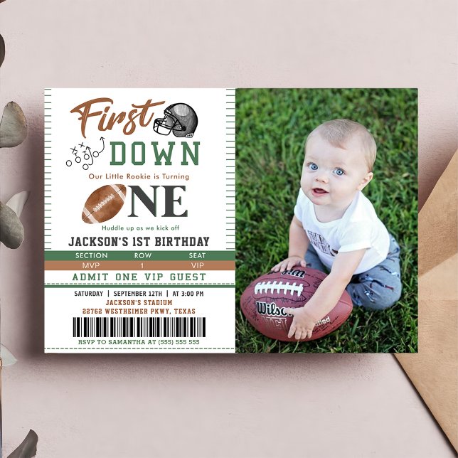 First Year Down Football 1st Birthday Photo Invitation (Creator Uploaded)