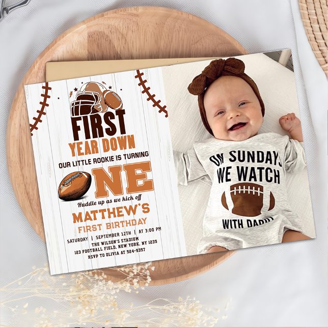 First Year Down Football 1st Birthday Photo Invitation (Creator Uploaded)
