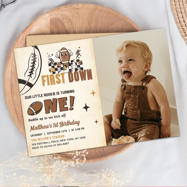 First Year Down Football 1st Birthday Photo Invitation (Creator Uploaded)