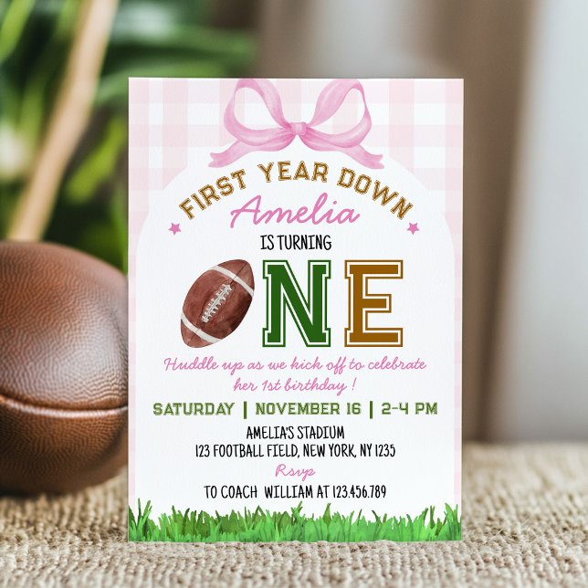 First Year Down Football 1st Girl Birthday Invitation (Creator Uploaded)