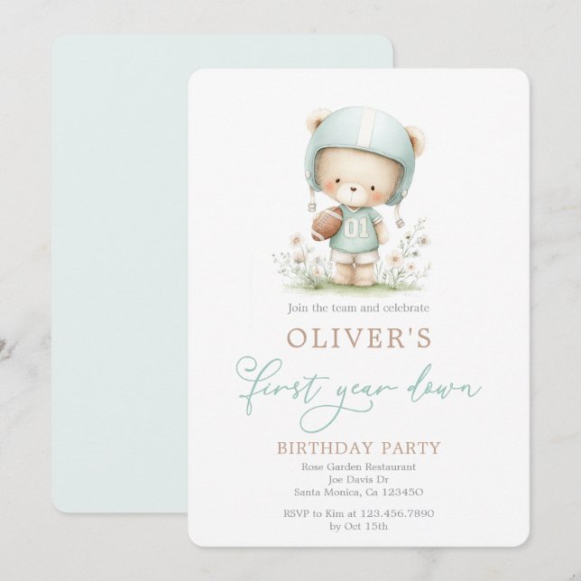 First Year Down Football Birthday Invitation (Front/Back)