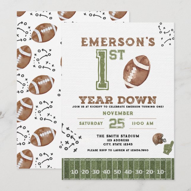 First Year Down Football Birthday Invitation, 2nd Invitation (Front/Back)