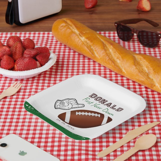 First Year Down Football Birthday  Paper Plate (Picnic)