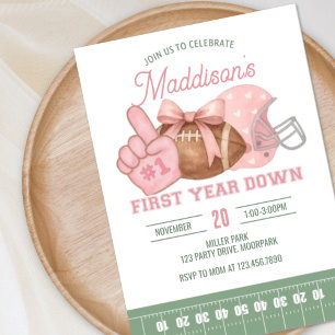 FIRST year down, Football Birthday, Pink football  Invitation