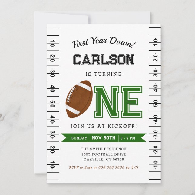 First Year Down | Football Boy 1st Birthday Party Invitation (Front)