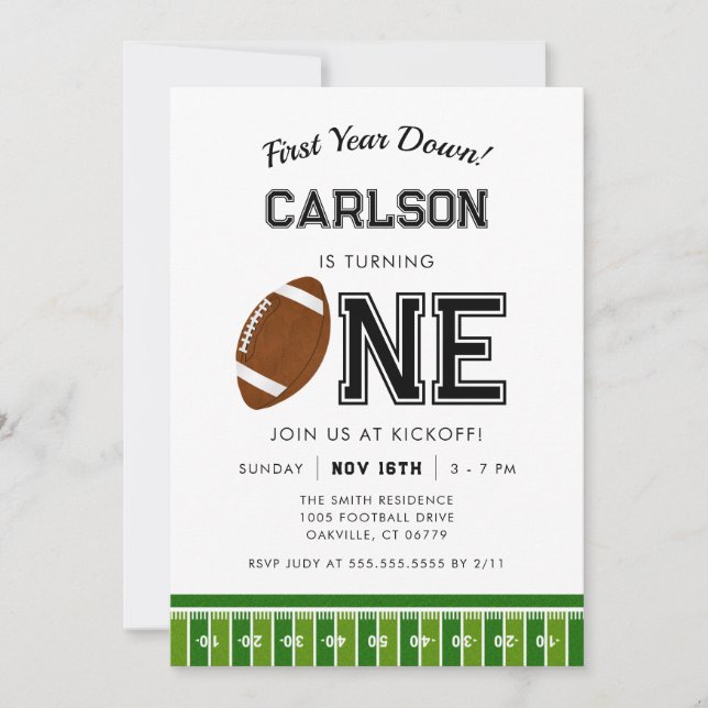 First Year Down | Football Boy First Birthday Invitation (Front)