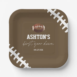 First Year Down Football Brown 1st Birthday Party Paper Plate