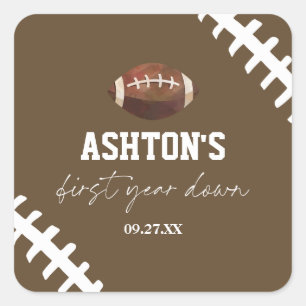 First Year Down Football Brown 1st Birthday Party Square Sticker