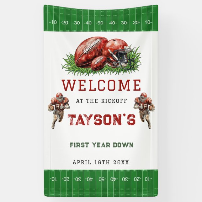 First Year Down Football photo 1st Birthday Party Banner (Vertical)