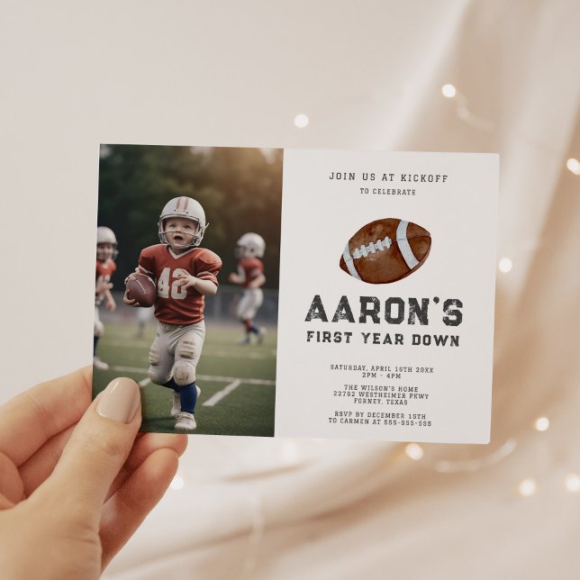 First Year Down Football Photo 1st Birthday Party Invitation (Creator Uploaded)