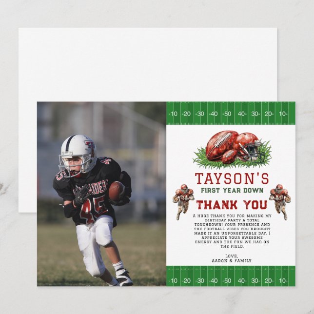 First Year Down Football photo 1st Birthday Party Thank You Card (Front/Back)