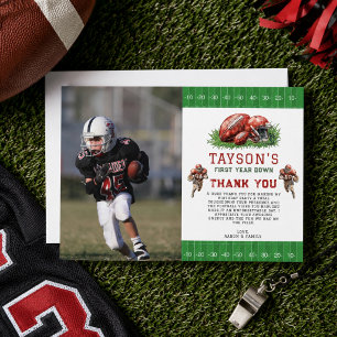 First Year Down Football photo 1st Birthday Party Thank You Card