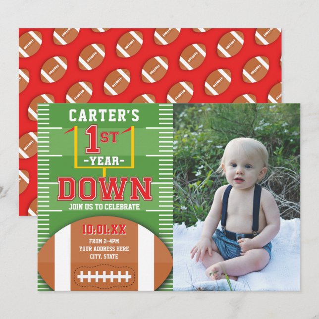 First Year Down Football Red First Birthday Photo Invitation (Front/Back)