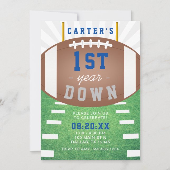 First Year Down Football Theme 1st Birthday Party Invitation (Front)