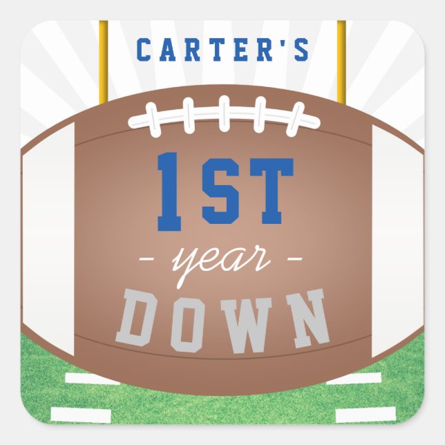 First Year Down Football Theme 1st Birthday Party Square Sticker (Front)