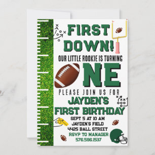 First Year Down football theme boys birthday party Invitation