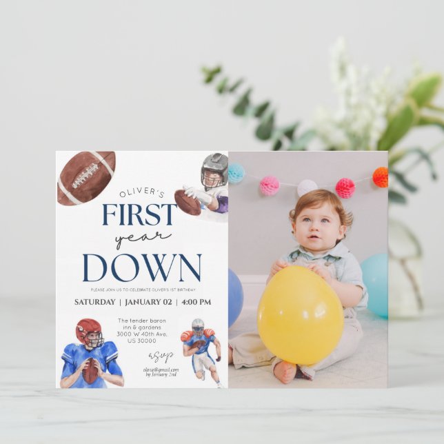 First year down football theme photo 1st birthday invitation (Standing Front)
