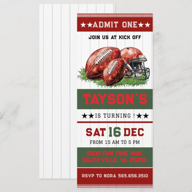 First Year Down Football Ticket 1st Birthday Party Invitation (Front/Back)