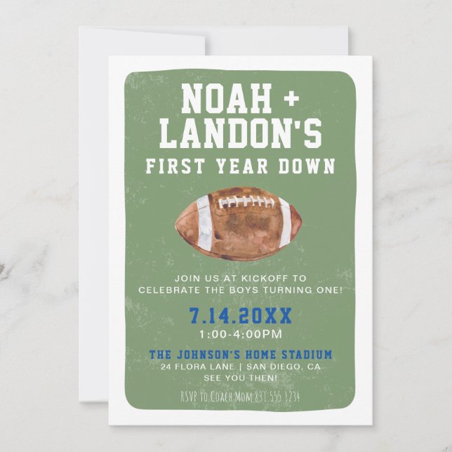 First Year Down Football, Twin 1st Birthday Party  Invitation (Front)