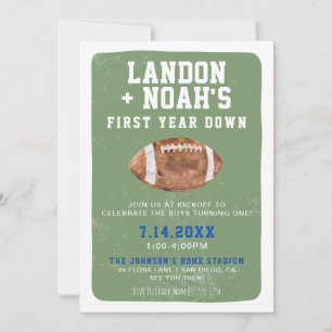 First Year Down Football, Twin 1st Birthday Party  Invitation