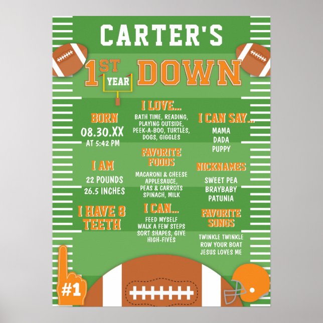 First Year Down Orange Football 1st Birthday Foam  Poster (Front)