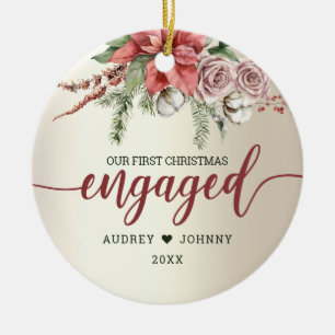 First Year Engaged Red Poinsettia Floral Christmas Ceramic Tree Decoration