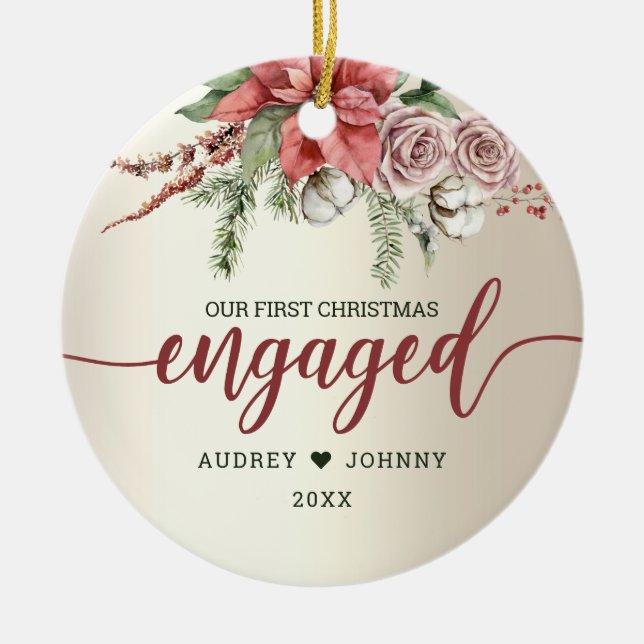 First Year Engaged Red Poinsettia Floral Christmas Ceramic Tree Decoration (Front)