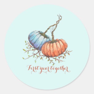 First year together. Two watercolor pumpkins Mediu Classic Round Sticker