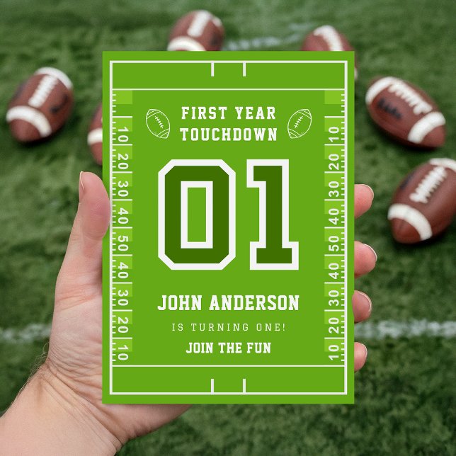 First Year Touchdown Green Football Field Birthday Invitation (Creator Uploaded)