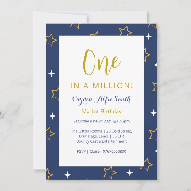 Firsty birthday invitation blue and gold stars (Front)