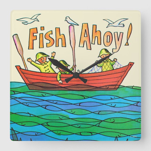 Fish Ahoy! Square Wall Clock (Front)