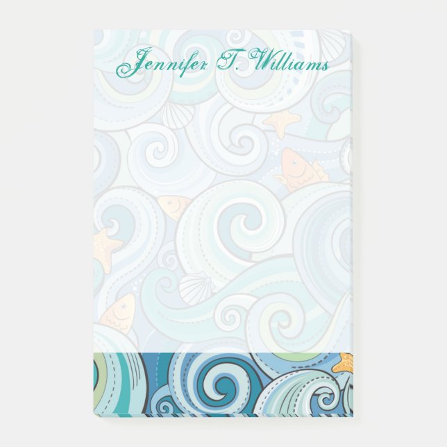 Fish Among The Waves Pattern | Add Your Name Post-it Notes (Front)
