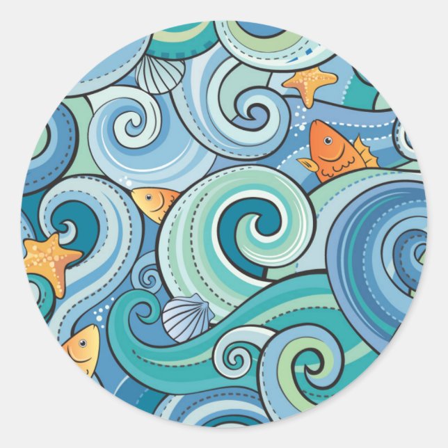 Fish Among The Waves Pattern Classic Round Sticker (Front)