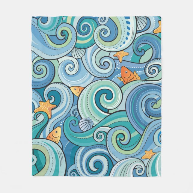 Fish Among The Waves Pattern Fleece Blanket (Front)